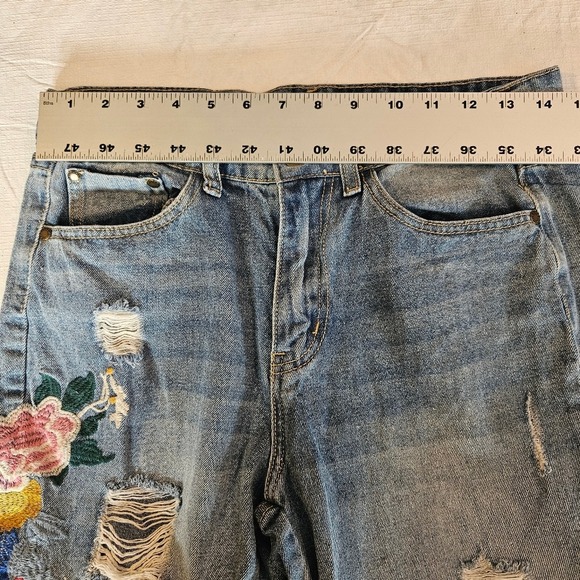 Tempo Paris Design Distressed Embroidered Jeans Ripped Denim Flower Design - Picture 10 of 10